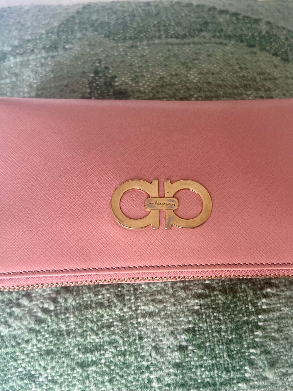 Salvatore Ferragamo Pink Saffiano Zip Wallet with Gancini Accent